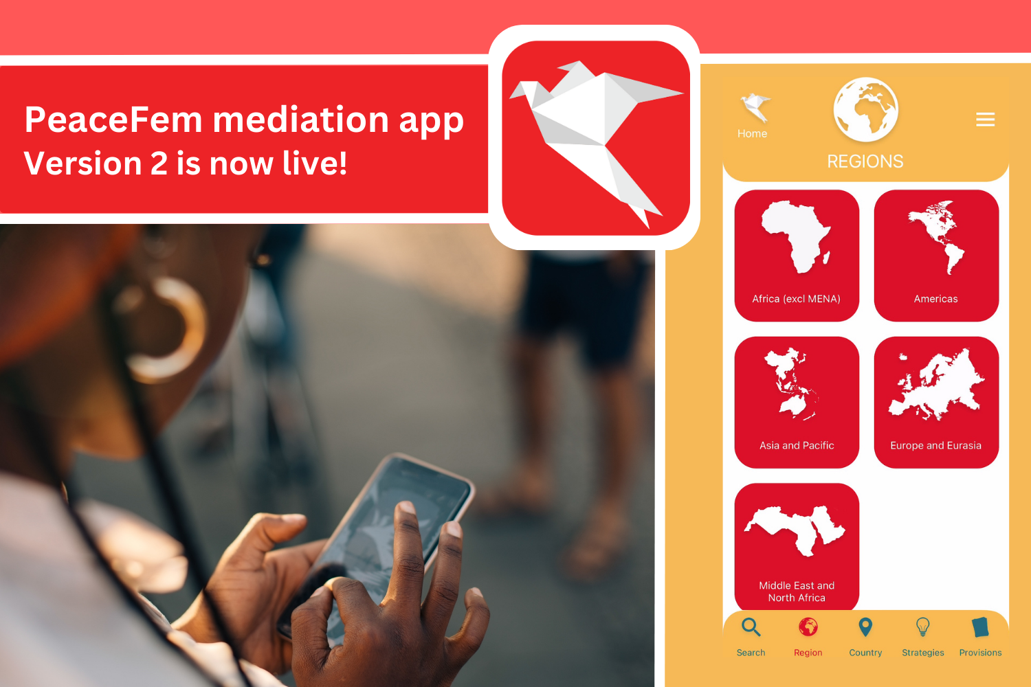 PeaceFem logo and preview of the app on the countries menu
