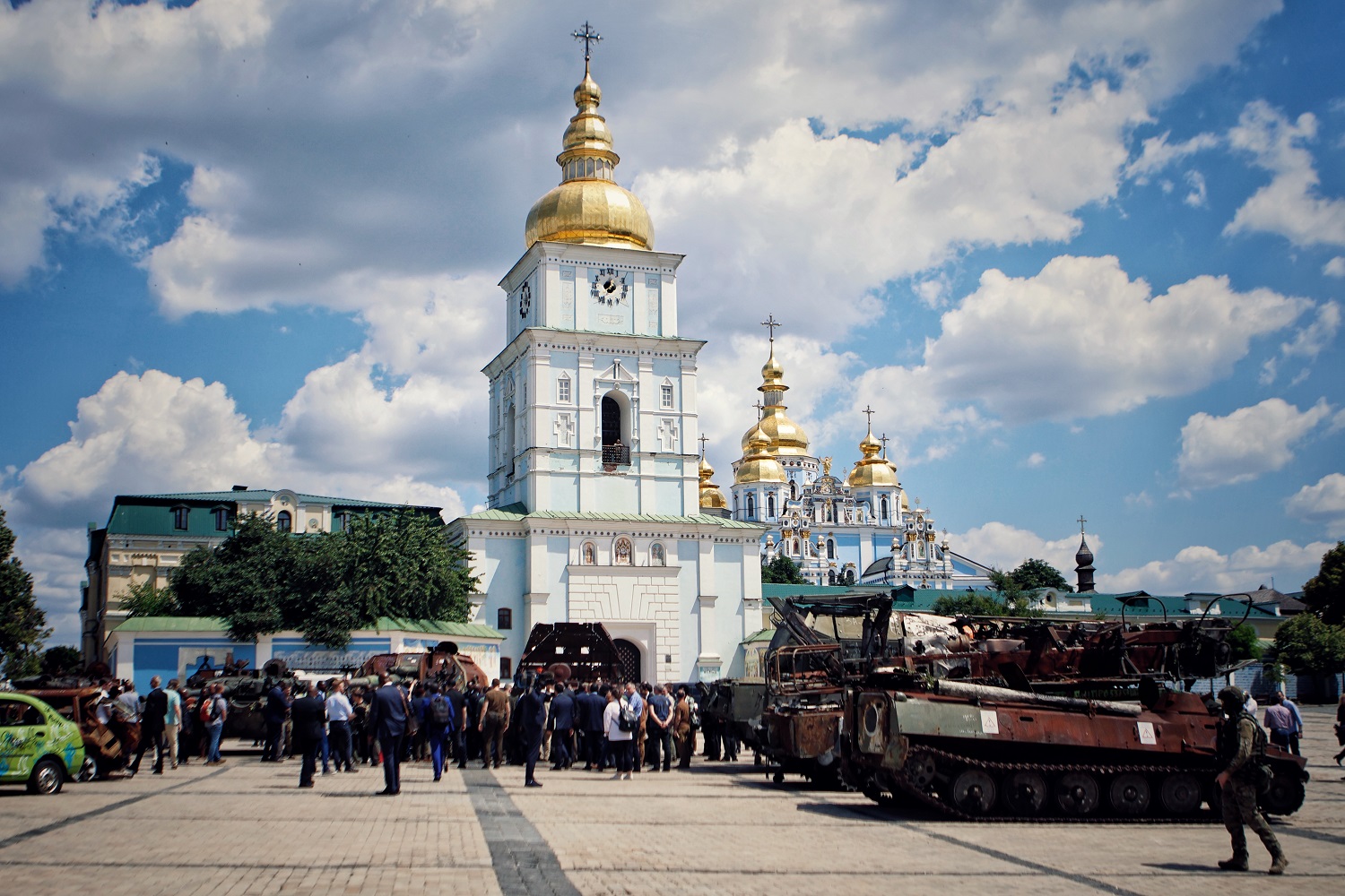 Members of African countries leaders' delegation look at destroyed Russian equipment, exhibited on Mykhailivska Square in Kyiv, Ukraine on 16 June 2023.