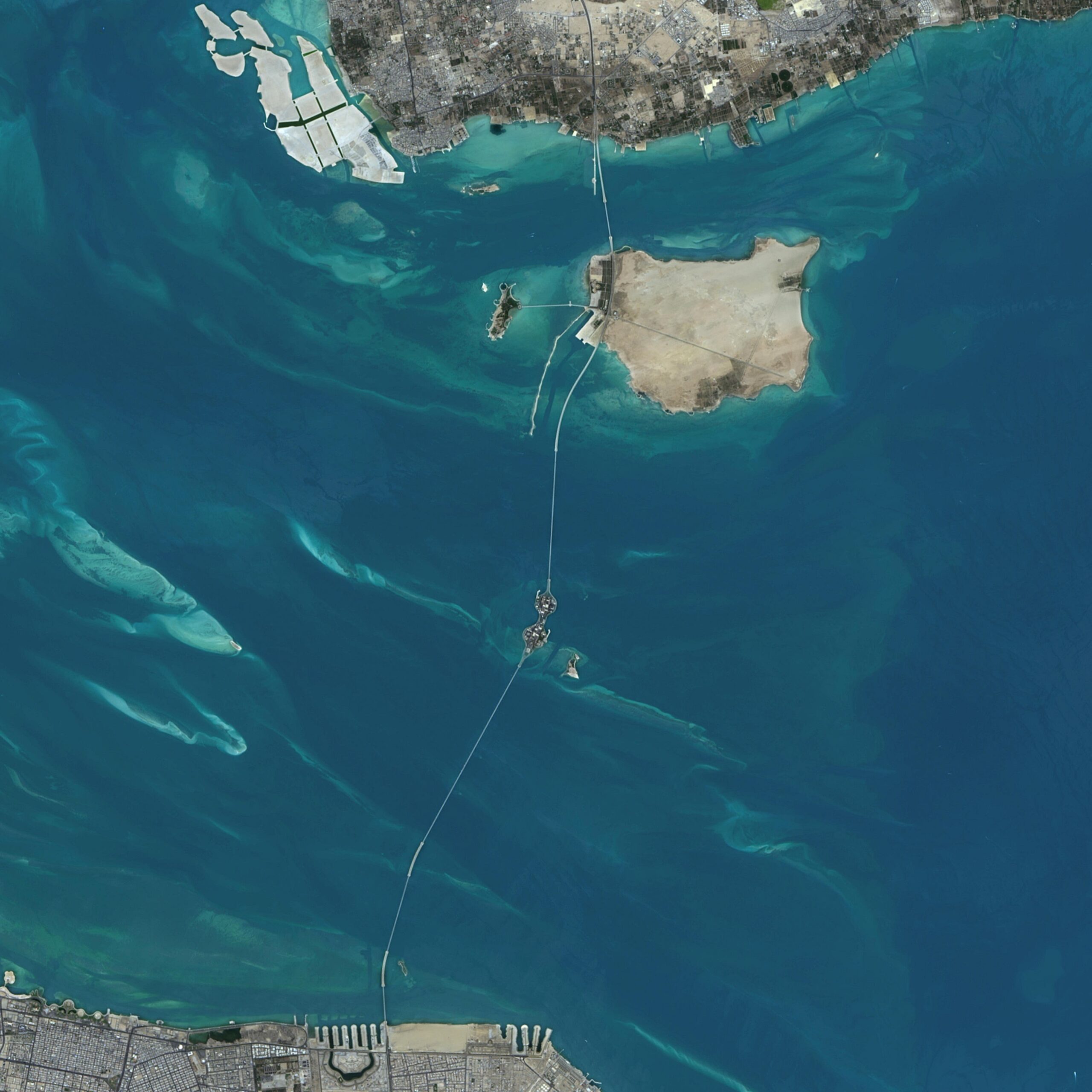 Satellite view of the King Fahd Causeway, a series of bridges and causeways connecting Saudi Arabia and Bahrain