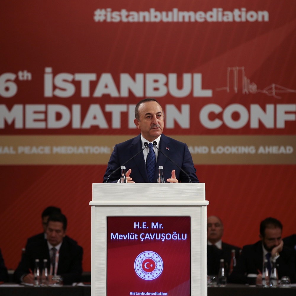 Minister of Foreign Affairs of Turkey, Mevlut Cavusoglu speaks at the "6th Istanbul Mediation Conference" in Istanbul, Turkey in October 2019