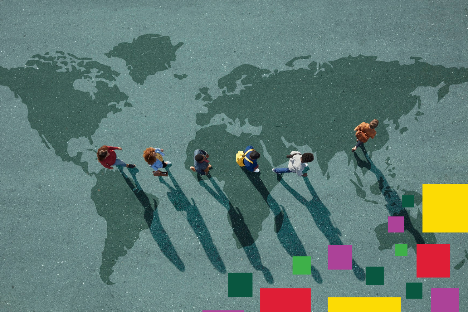 Decorative image showing young people walk over a world map