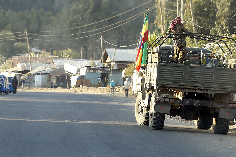 Ethiopian security forces patrol a street