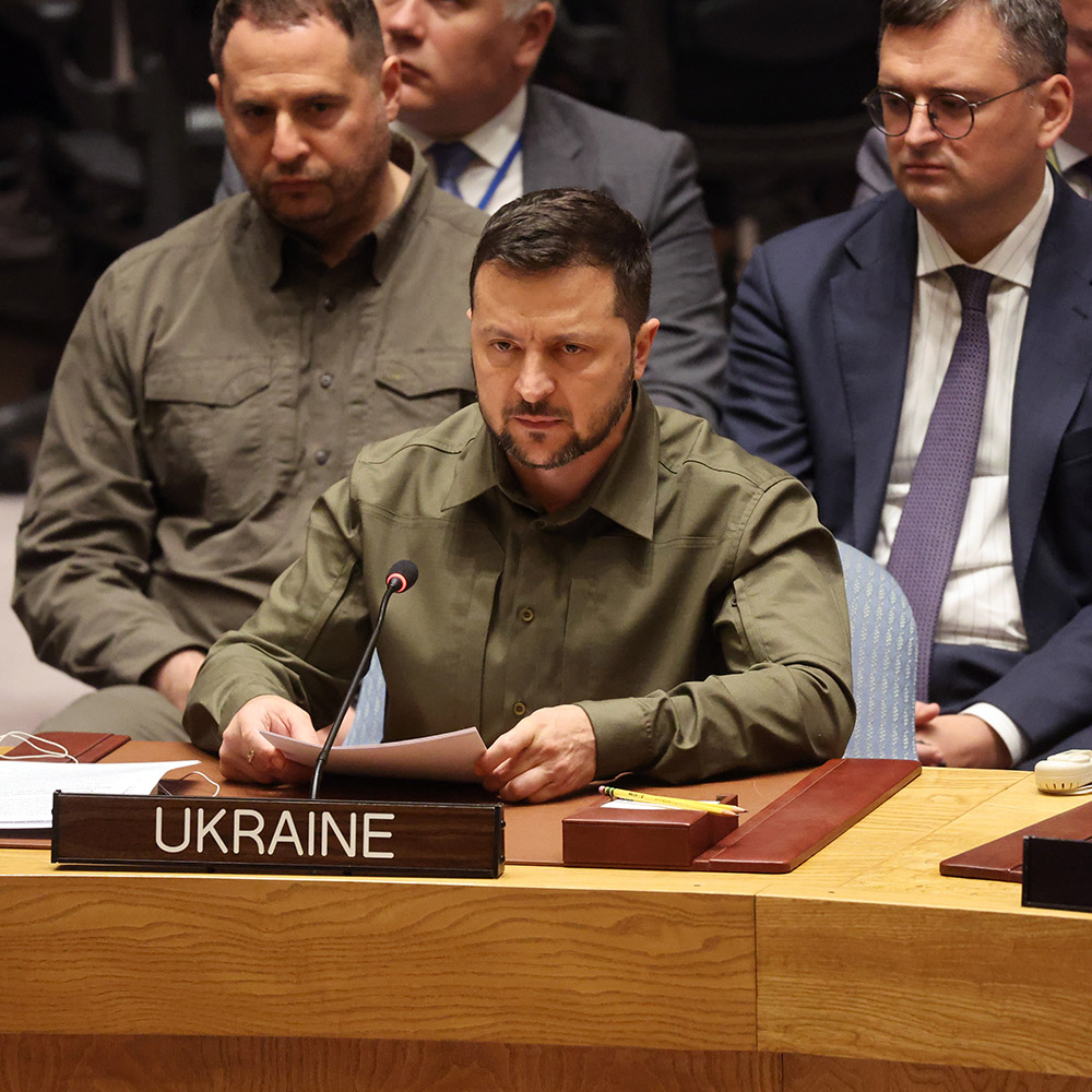 President of Ukraine Volodymyr Zelensky speaks to the UN Security Council