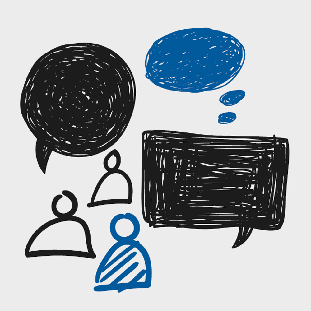 Illustration of three people with speech and thought bubbles