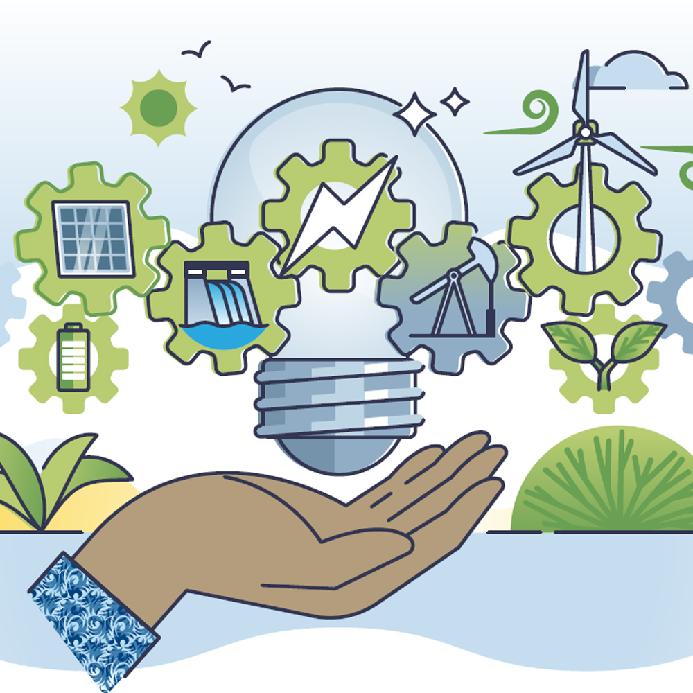 Graphic showing a hand holding a lightbulb surrounded by environmental symbols