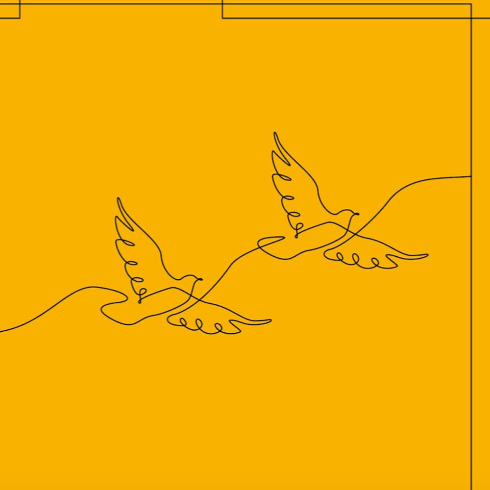 A sketch of two doves flying on a yellow background